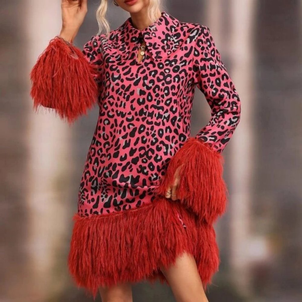 Leopard Print long sleeve Fuzzy Trim Dress - Picture 2 of 7